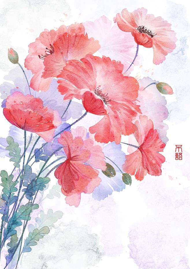 水彩水墨古风花卉_不语_长如醉__插画师.